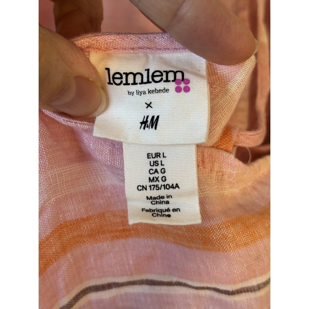 LEMLEM x H&M Pink Stripe Linen Dress L Puff Sleeve Beach Summer - Picture 12 of 12